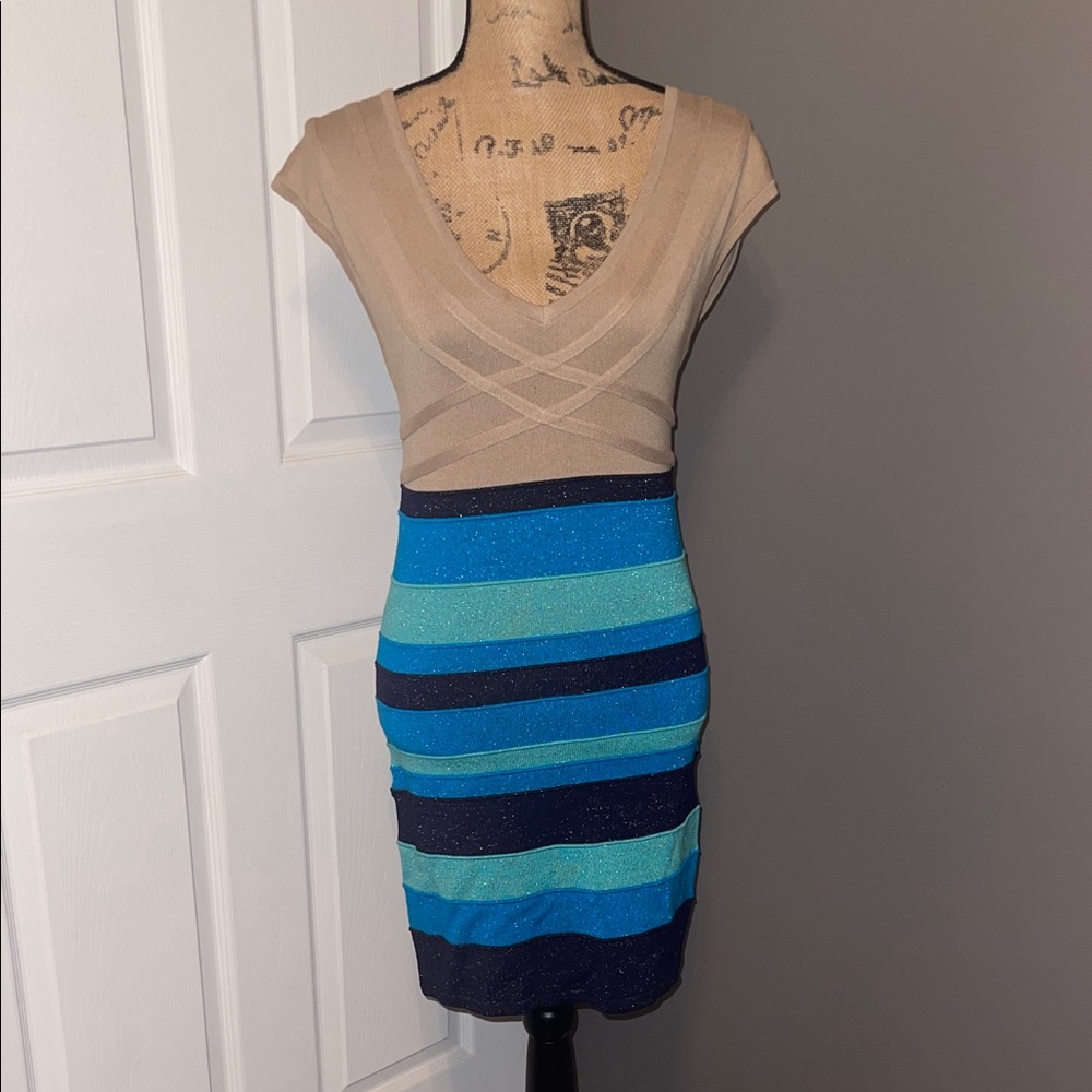 Striped Tan and Blue Bodycon Dress